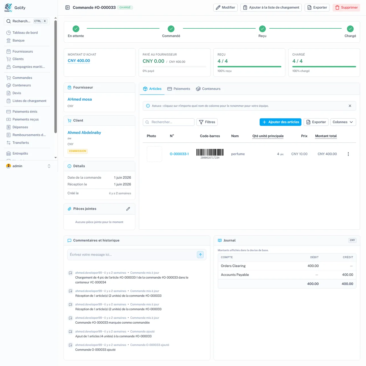 Détails de la commande dans Golify avec statut, articles, paiements et journal