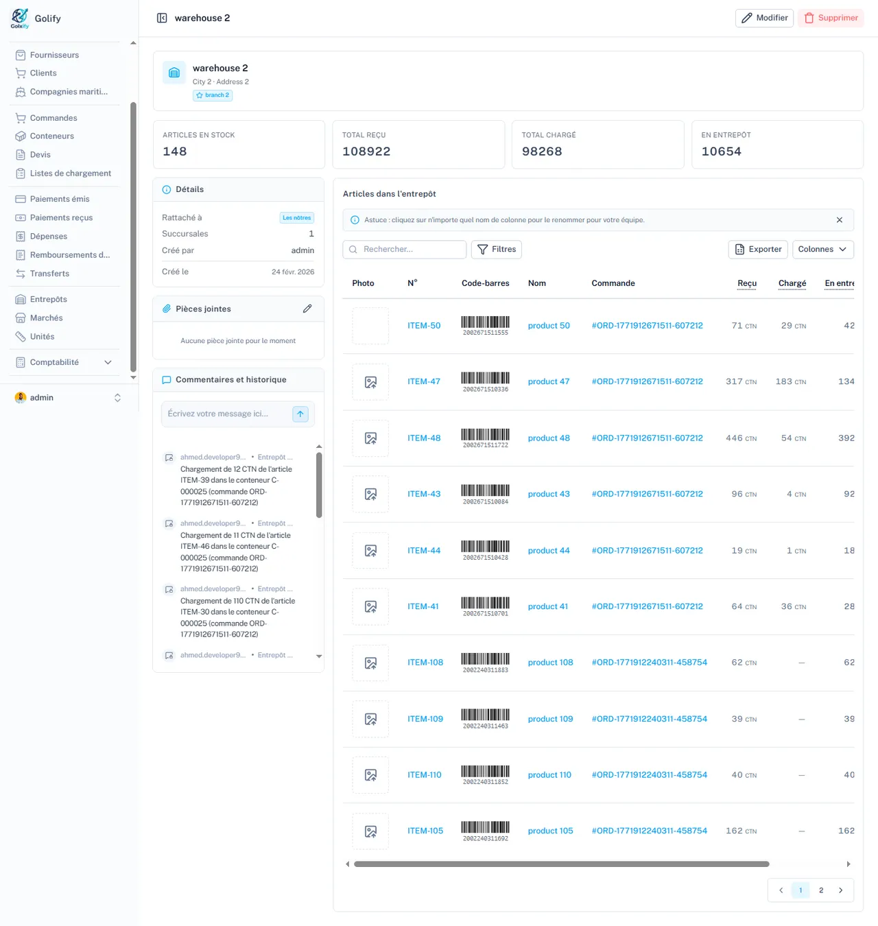 Stock d’entrepôt dans Golify avec niveaux de stock et suivi des articles