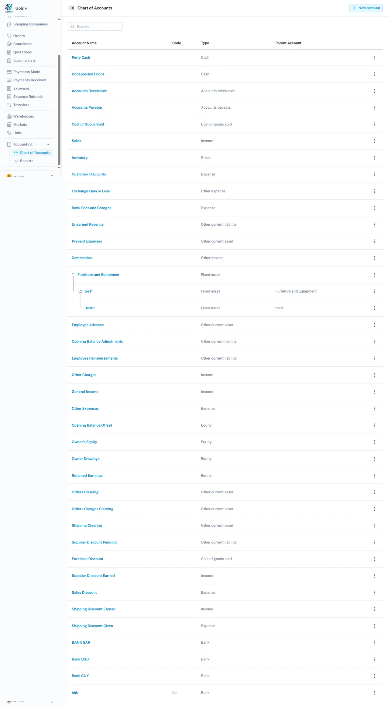 Chart of accounts in Golify