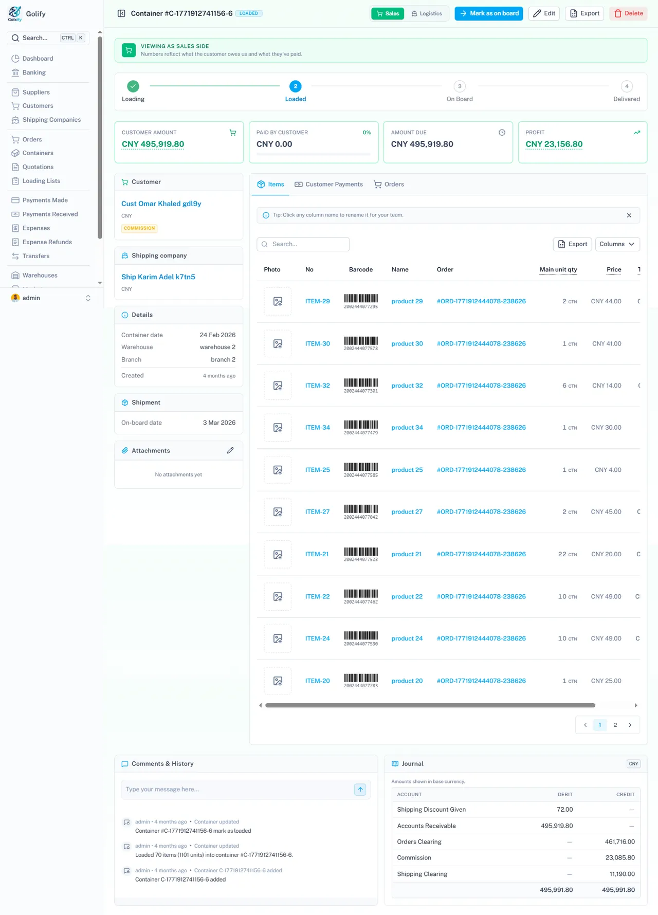 Container tracking in Golify with loading status, costs and profit