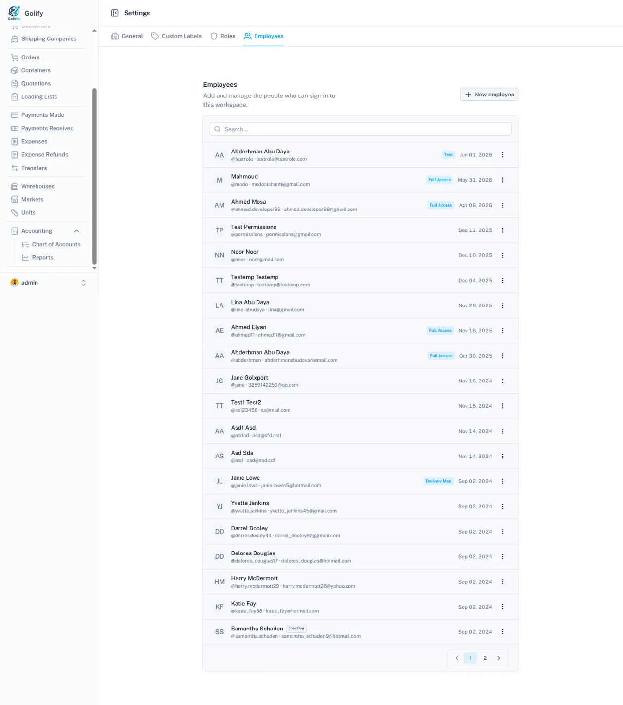 Employee management and roles in Golify