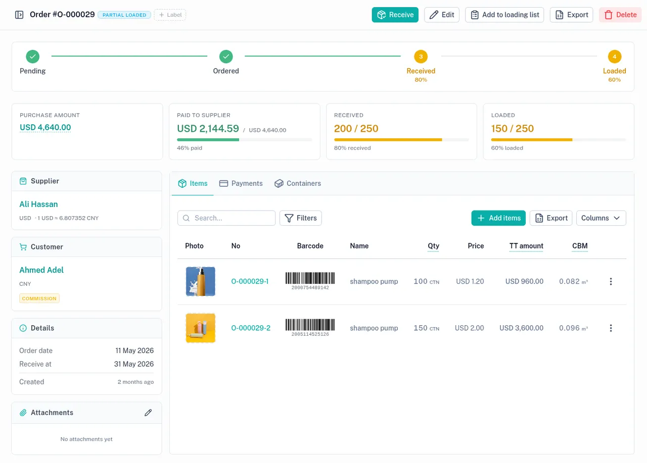 Order detail in Golify with status, items, payments and journal