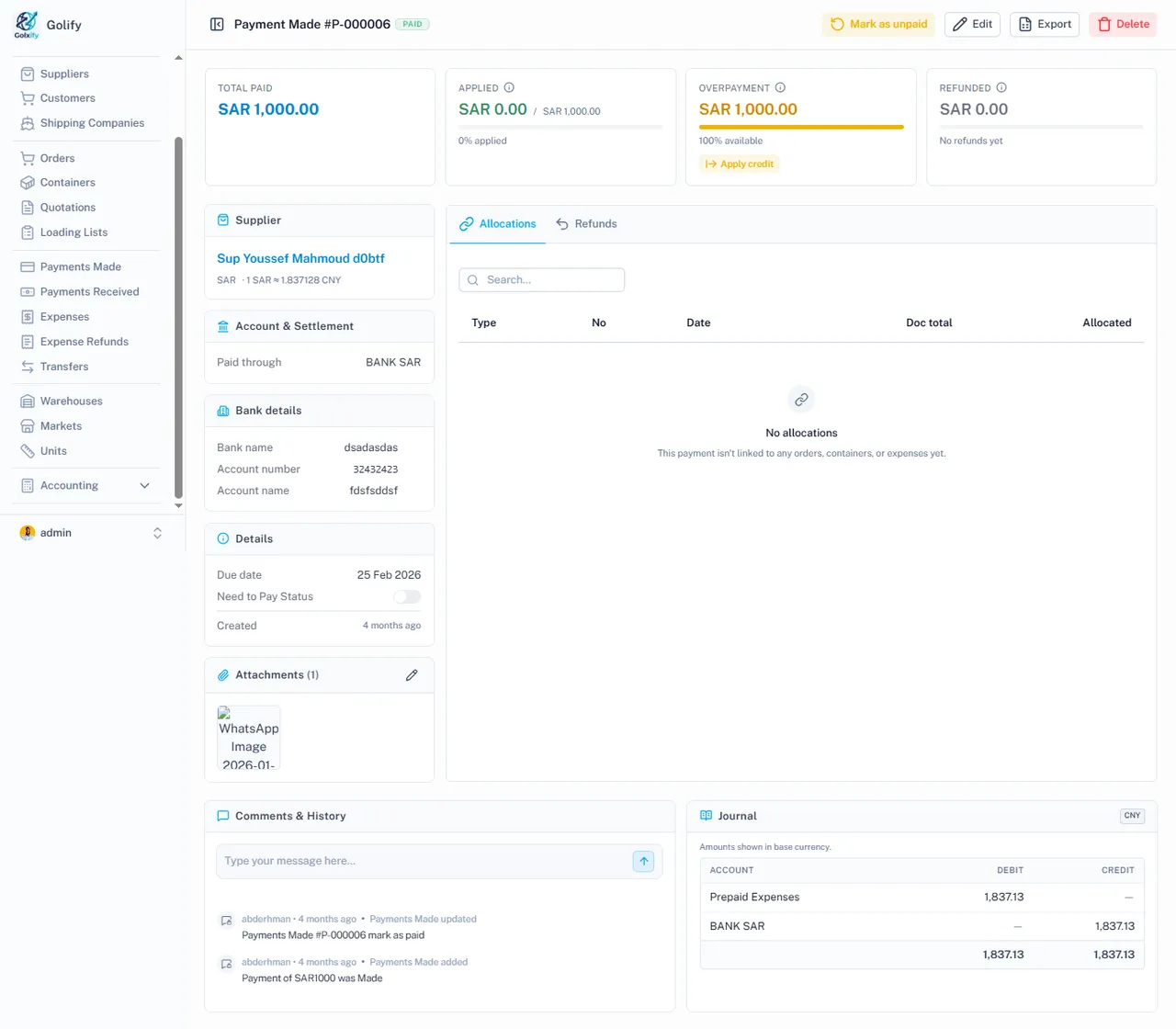 Payment made in Golify with allocations and journal entries